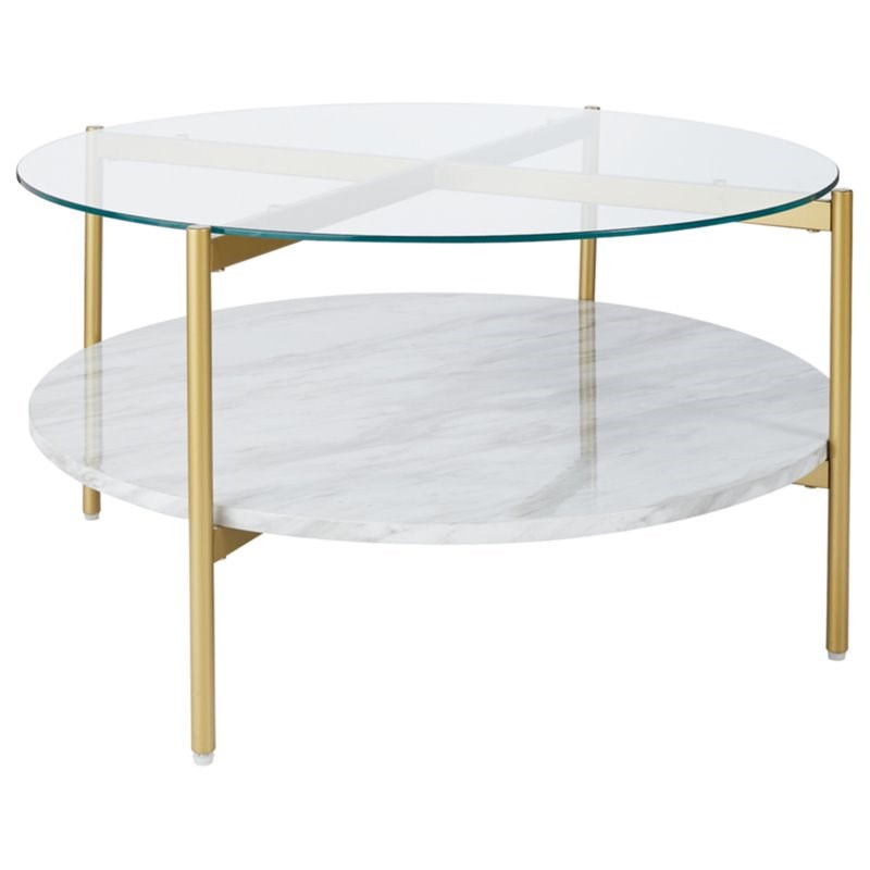 Ashley Furniture Wynora Engineered Wood Round Cocktail Table in Gold & White