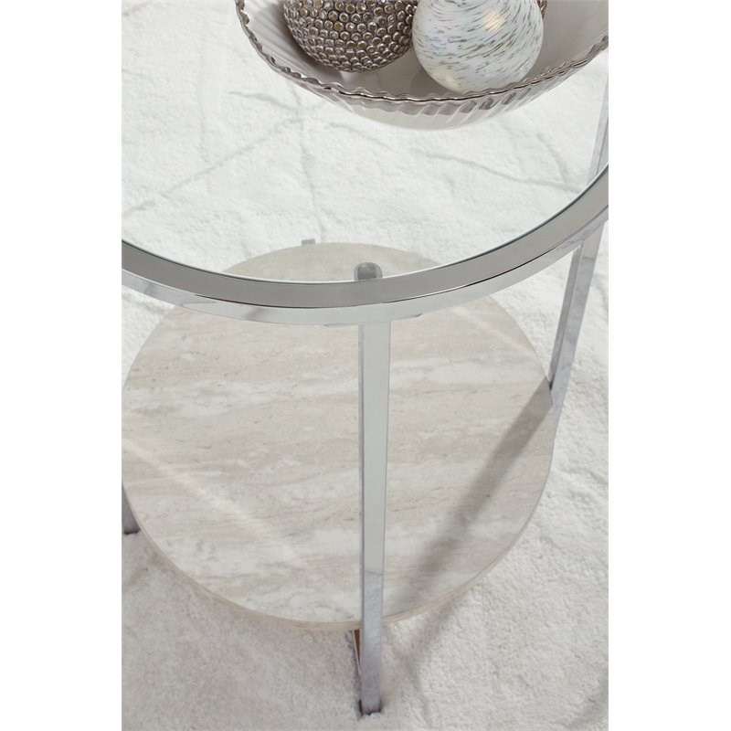 Ashley Furniture Bodalli Engineered Wood Round End Table in Chrome & Ivory