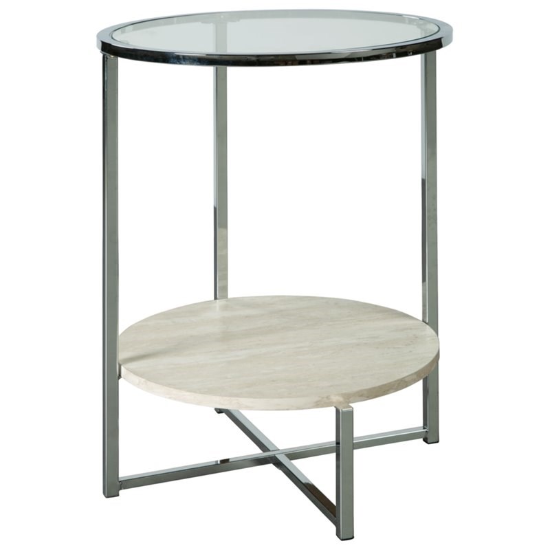 Ashley Furniture Bodalli Engineered Wood Round End Table in Chrome & Ivory