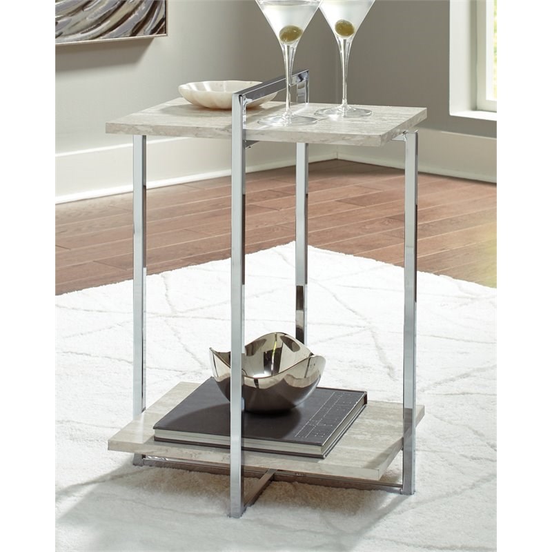 Ashley Furniture Bodalli Engineered Wood Side End Table in Chrome & Ivory