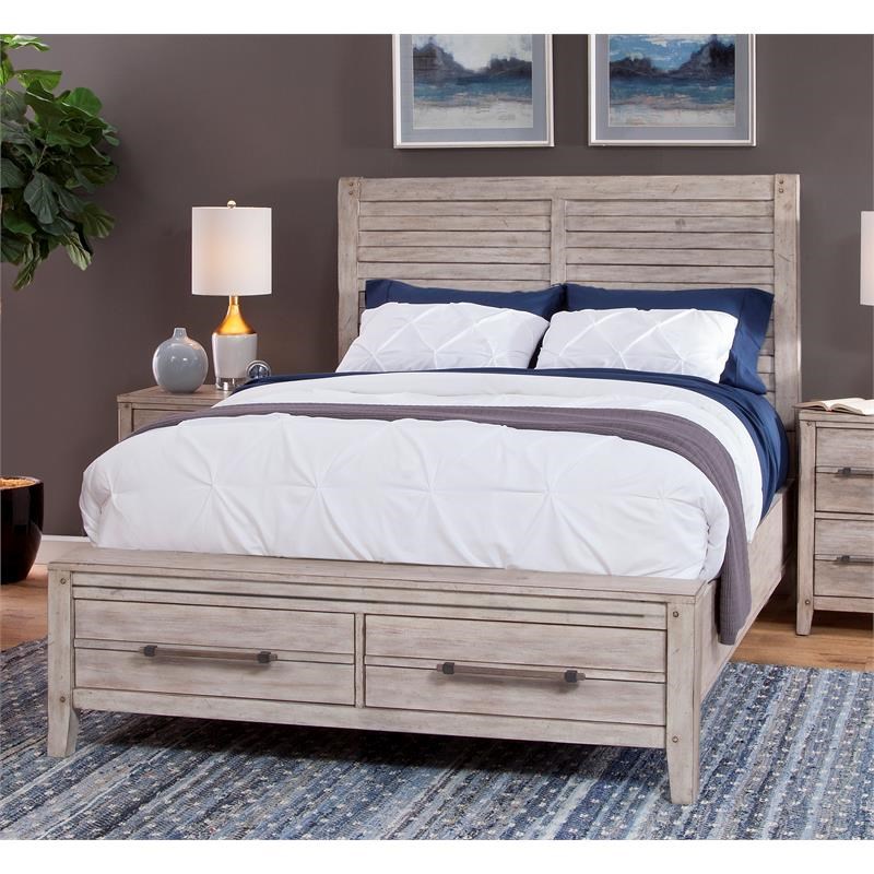 Aurora Whitewashed King Panel Bed with Storage