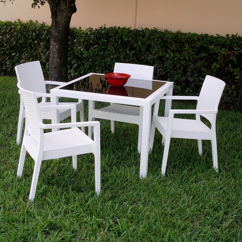 Compamia Miami 5 Piece Square Wickerlook Patio Dining Set in White