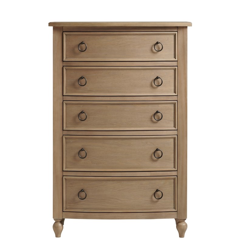 Curved Front Five Drawer Tall Wood Bedroom Chest in Brown