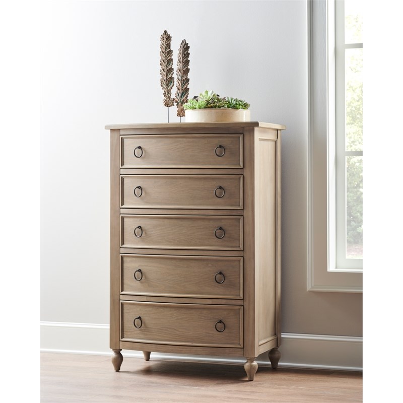 Curved Front Five Drawer Tall Wood Bedroom Chest in Brown