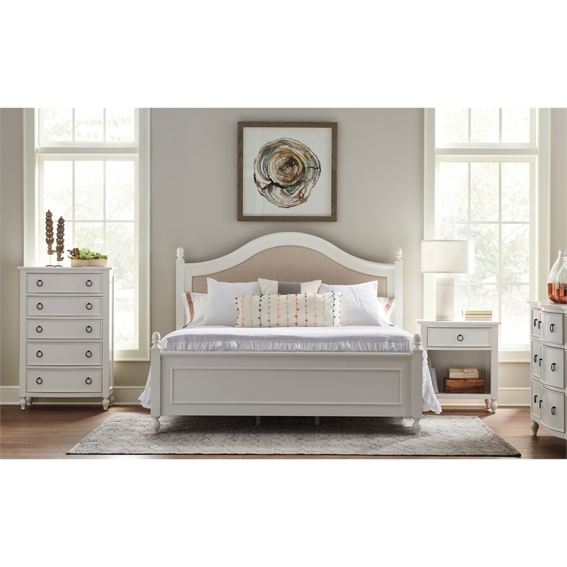Arched Paneled Wood Framed Upholstered King Bed in White Homesquare