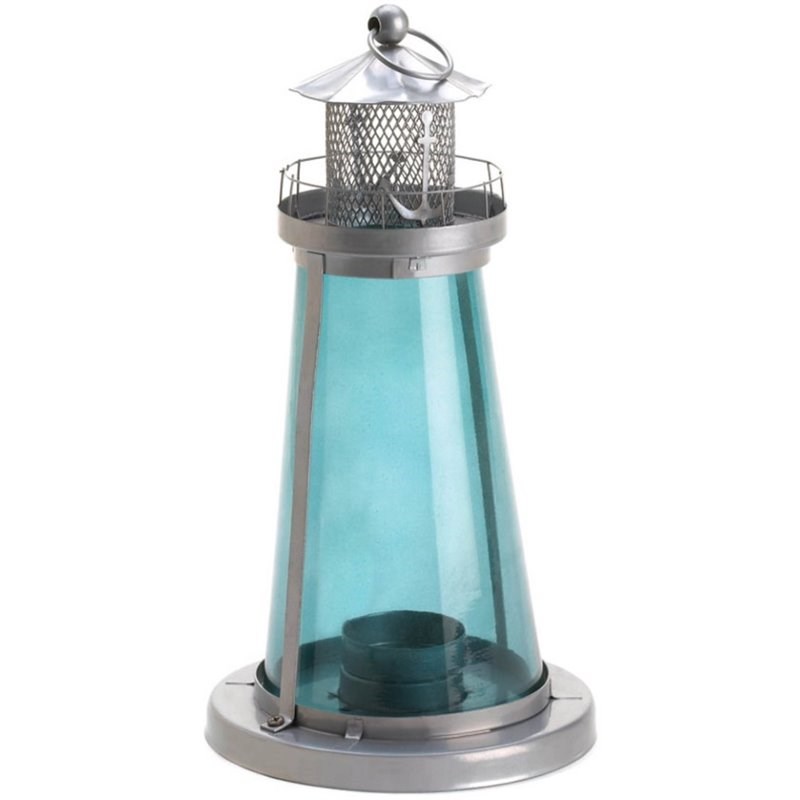 Zingz & Thingz Glass Lighthouse Glass Candle Lantern in Blue and Gray