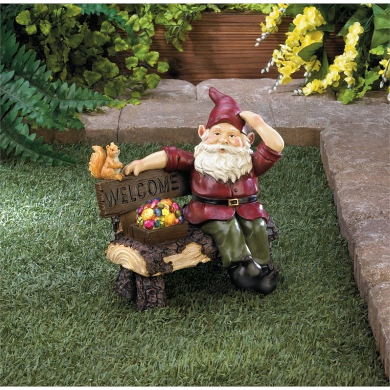 Zingz & Thingz Multicolored Plastic Solar Gnome on Welcome Bench