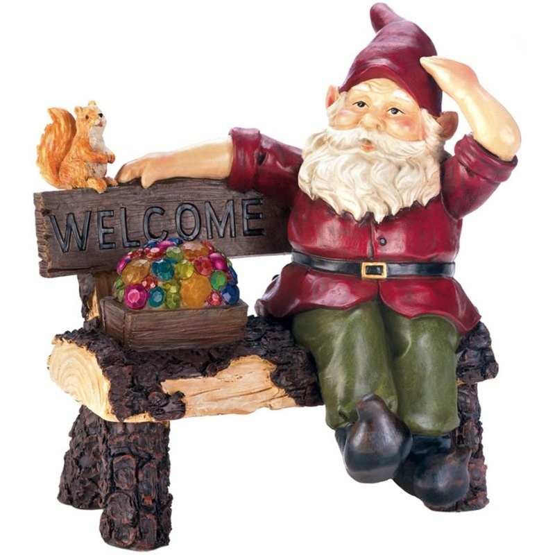 Zingz & Thingz Multicolored Plastic Solar Gnome on Welcome Bench