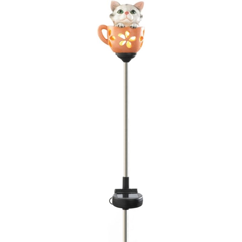 Zingz & Thingz Plastic Kitten in Cup Solar Stake in White and Orange
