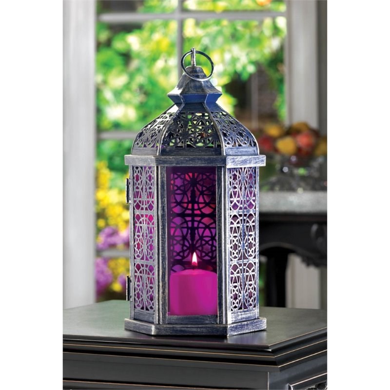 Zingz & Thingz Enchanted Glass Candle Lantern in Purple and Pewter