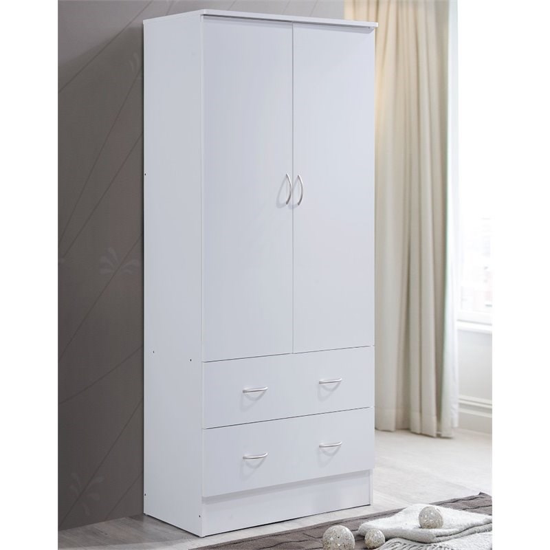Hodedah 2 Door Armoire with 2 Drawers and Clothing Rod in White Wood