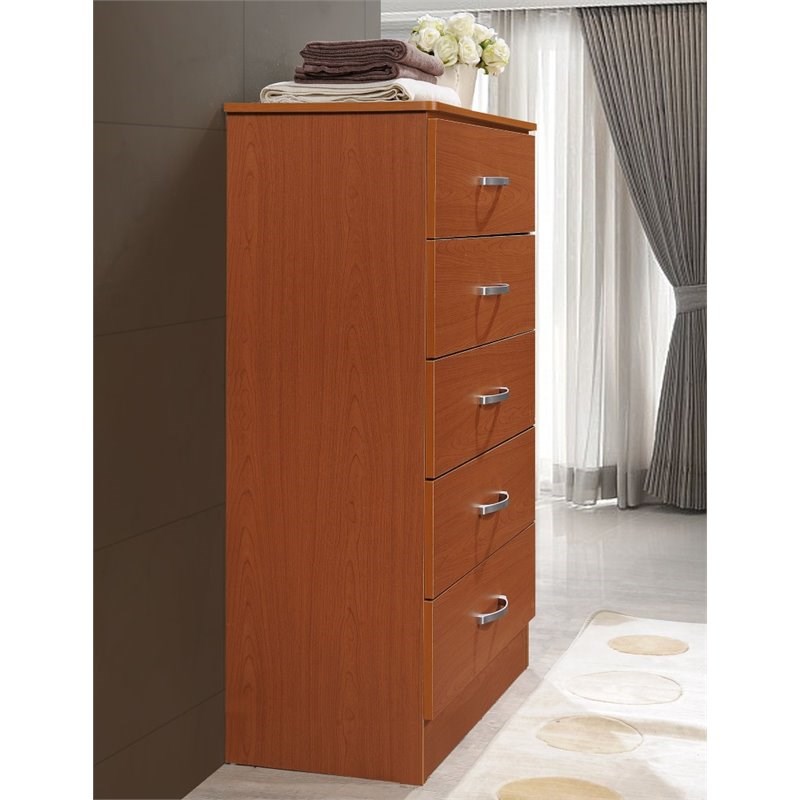 Hodedah Five Drawer Contemporary Wooden Chest in Cherry Finish