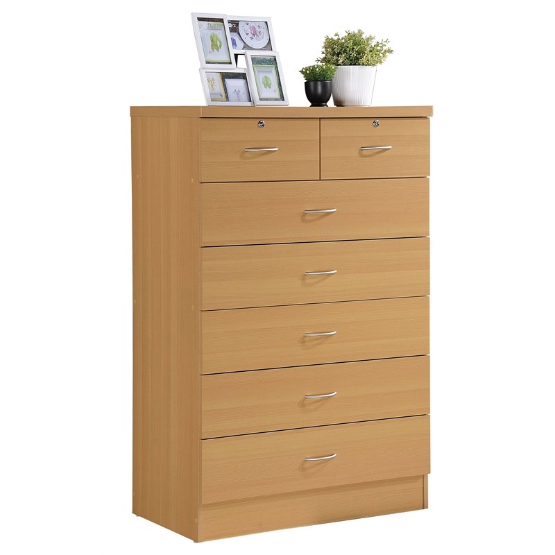 Hodedah 7 Drawer Chest with Locks on 2 Top Drawers in Beige Wood