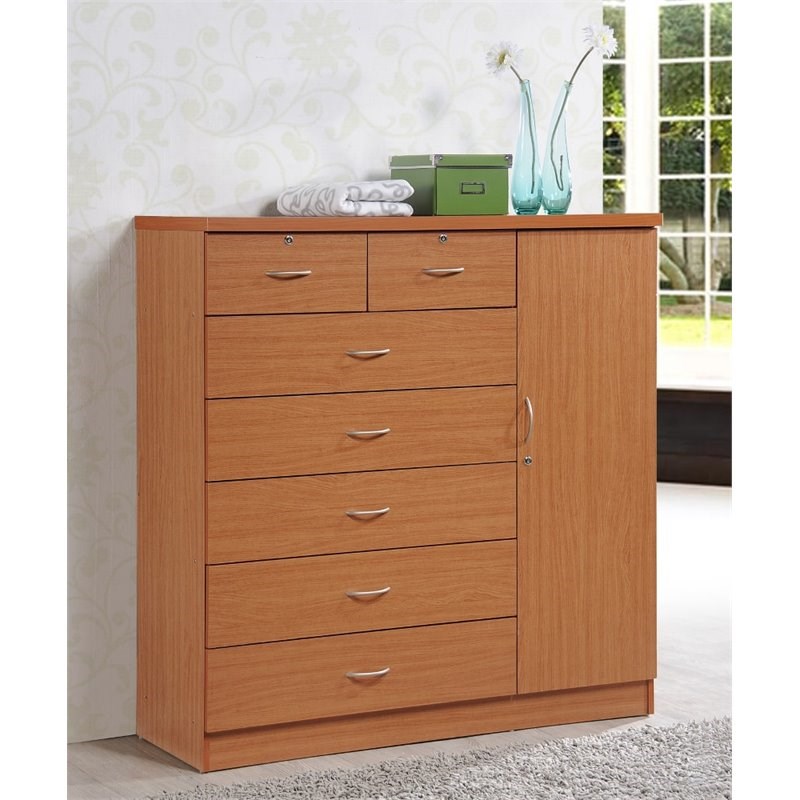 Hodedah 7 Drawer Chest with Locks on 2 Drawers and 1 Door in Cherry Wood