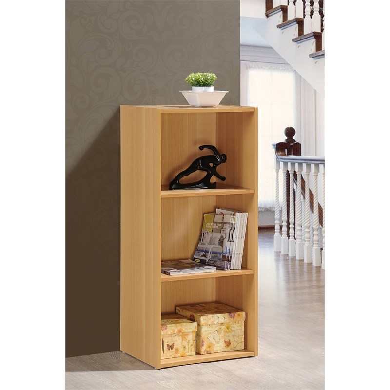 Hodedah Three Shelf Versatil Wooden Bookcase in Beige Finish
