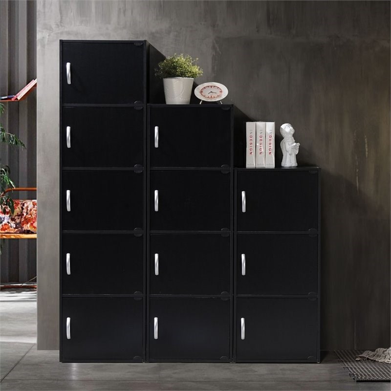 Hodedah 3 Shelf 3 Door Multi-Purpose Wooden Bookcase in Black Finish