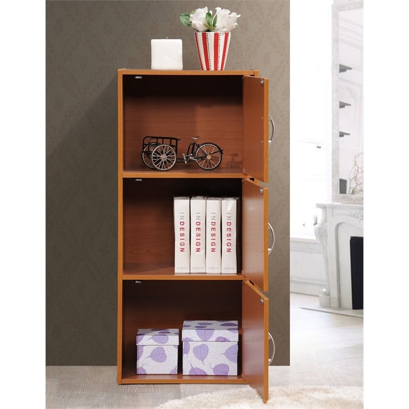 Hodedah 3 Shelf 3 Door Multi-Purpose Wooden Bookcase in Cherry Finish