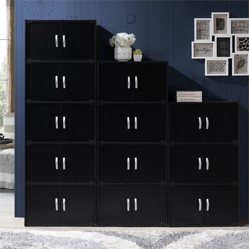 Hodedah 5 Shelf 10 Door Multi-Purpose Wooden Bookcase in Black Finish