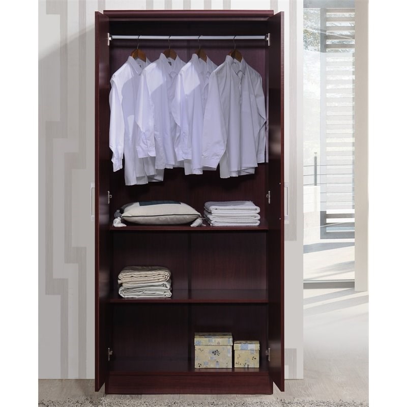 Hodedah 2 Door Wooded Armoire with 4 Shelves in Mahogany Finish