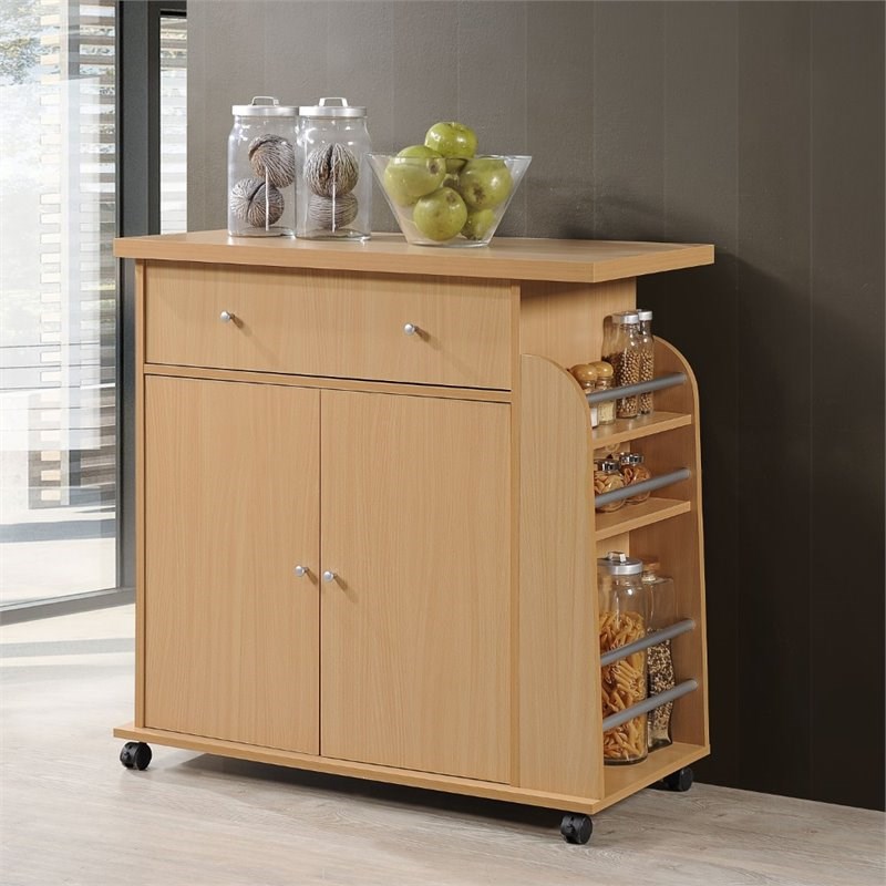 Hodedah Contemporary Wooden Kitchen Cart with Spice Rack in Beige Finish