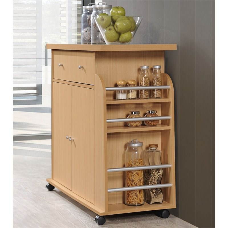Hodedah Contemporary Wooden Kitchen Cart with Spice Rack in Beige Finish