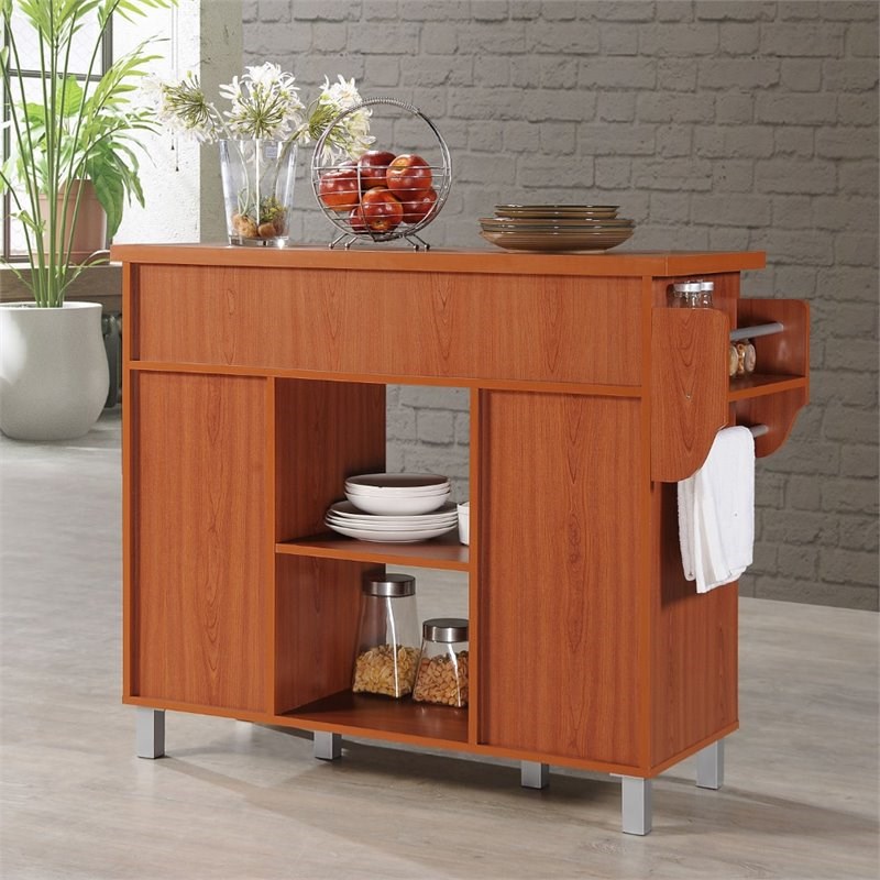 Hodedah Kitchen Island with Spice Rack plus Towel Holder in Cherry Wood
