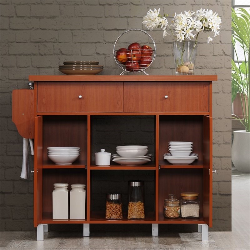 Hodedah Kitchen Island with Spice Rack plus Towel Holder in Cherry Wood