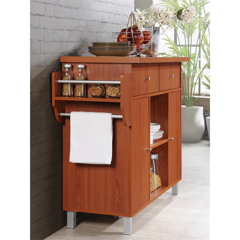 Hodedah Kitchen Island with Spice Rack plus Towel Holder in Cherry Wood