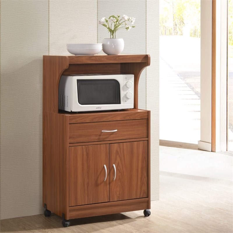hodedah microwave contemporary wooden kitchen cart in cherry finish