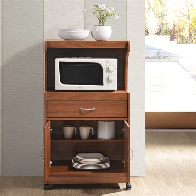 hodedah microwave contemporary wooden kitchen cart in cherry finish