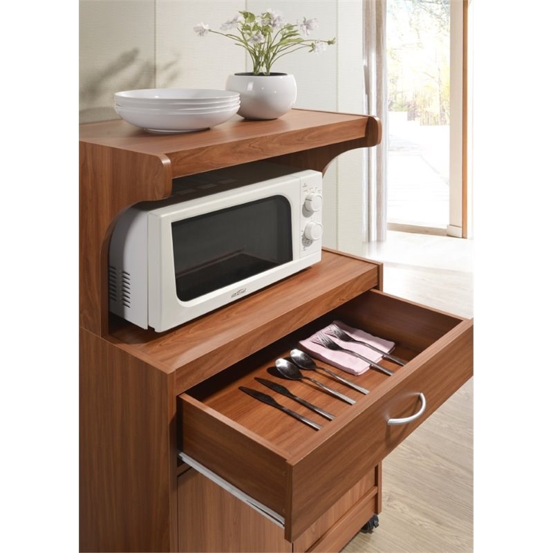 hodedah microwave contemporary wooden kitchen cart in cherry finish