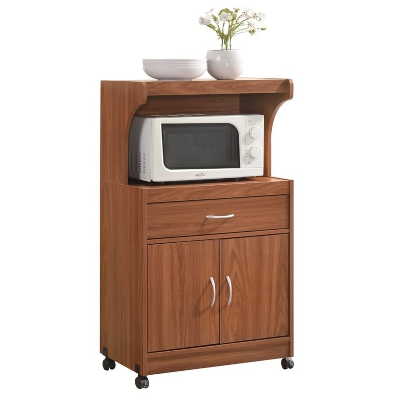 hodedah microwave contemporary wooden kitchen cart in cherry finish
