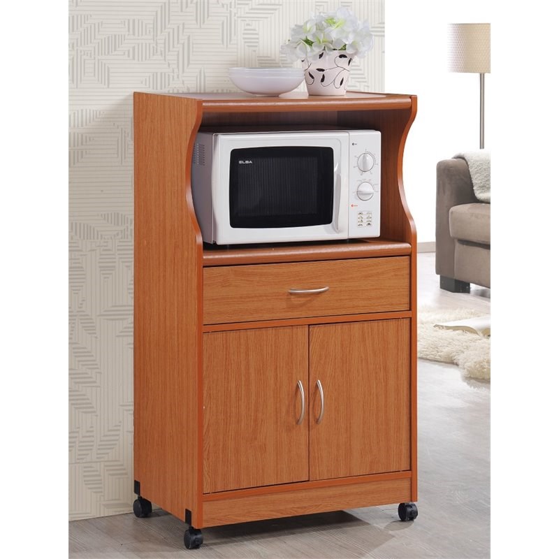Hodedah Microwave Contemporary Wooden Kitchen Cart in Cherry Finish