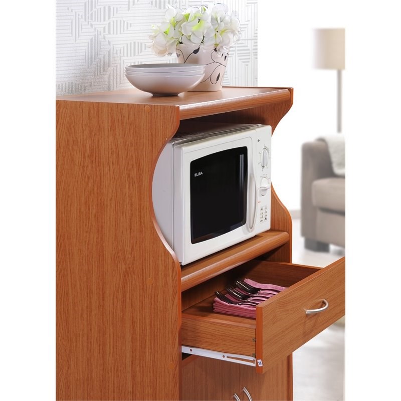 Hodedah Microwave Contemporary Wooden Kitchen Cart in Cherry Finish