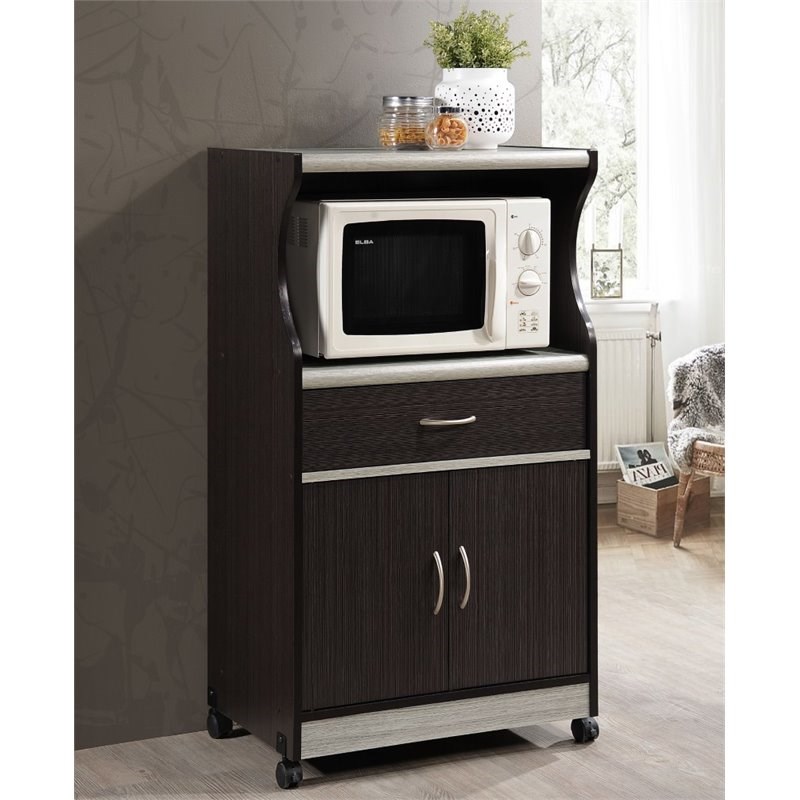 Hodedah Microwave Contemporary Wooden Kitchen Cart in ChocolateGrey