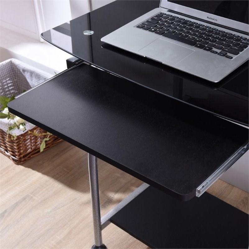Hodedah Tempered Glass Top Laptop Desk with Pull-out Keyboard Tray in Black