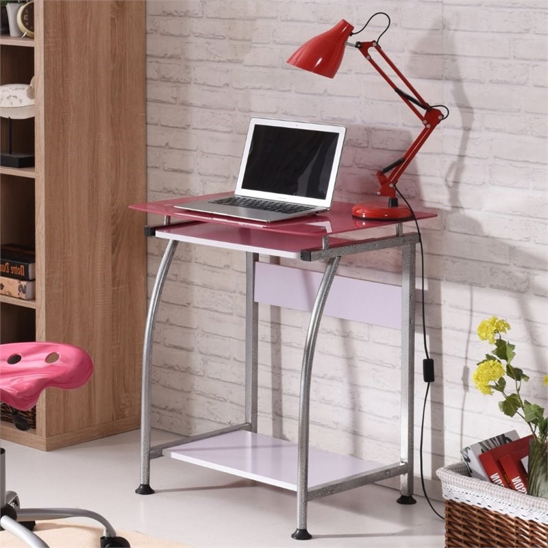 Hodedah Tempered Glass Top Laptop Desk with Pullout Keyboard Tray in