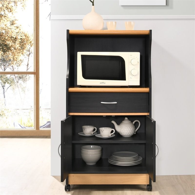 Hodedah Microwave Contemporary Wooden Kitchen Cart in BlackBeige