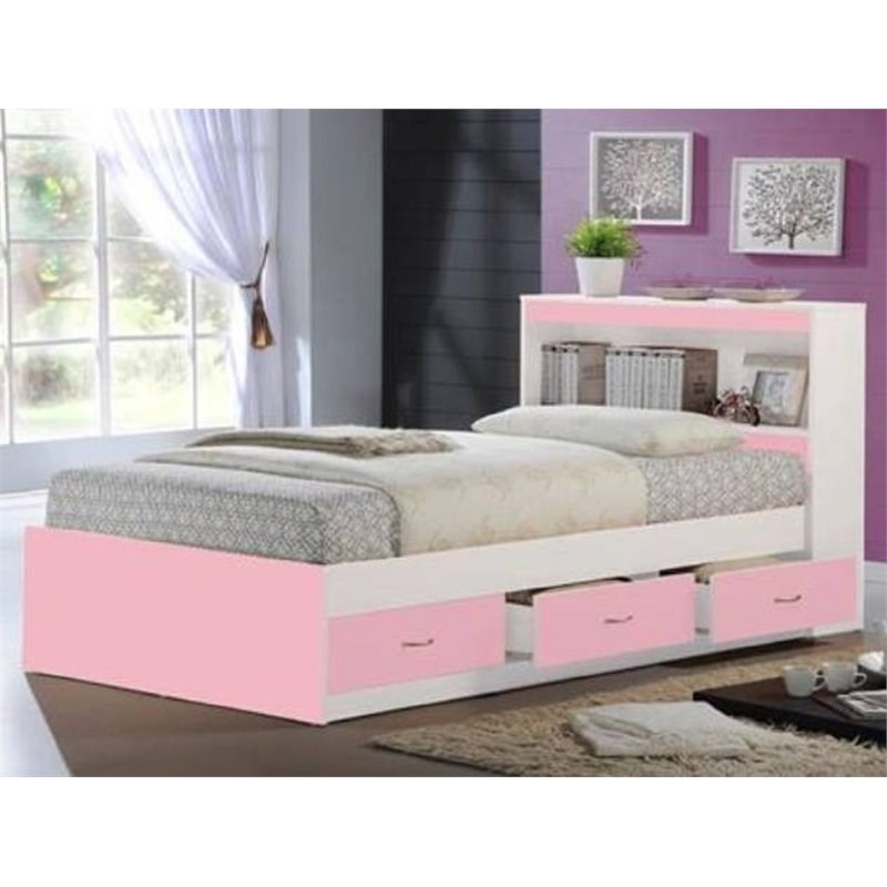 Hodedah Twin Size Captain Bed with 3 Drawers and Headboard in Pink Wood
