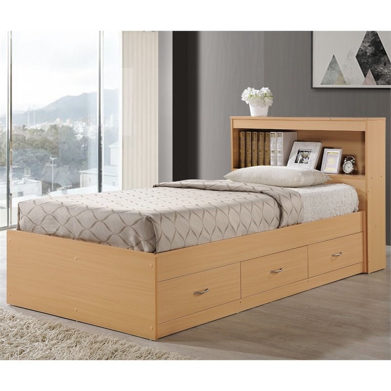 Hodedah Twin Size Captain Bed with 3 Drawers and Headboard in Beige ...