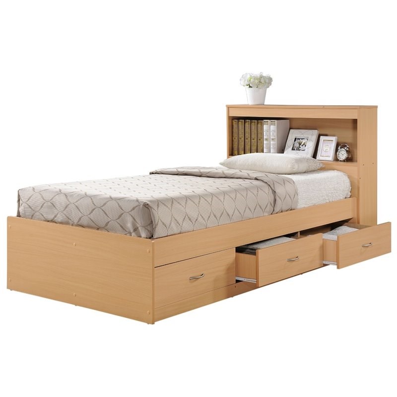 Hodedah Twin Size Captain Bed With 3 Drawers And Headboard In Beech Hibt60 Beech