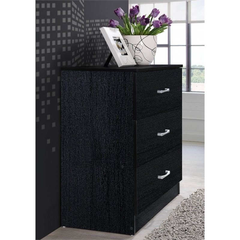 Hodedah Three Drawer Contemporary Wooden Chest in Black Finish