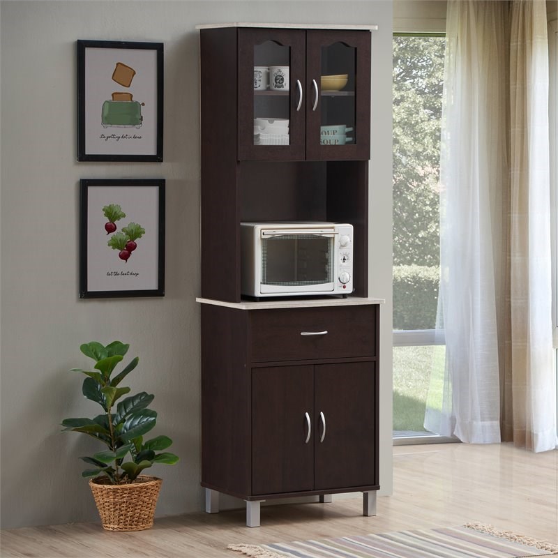 Hodedah Kitchen China with 4-Door 1-Drawer and Microwave Space in Chocolate Wood