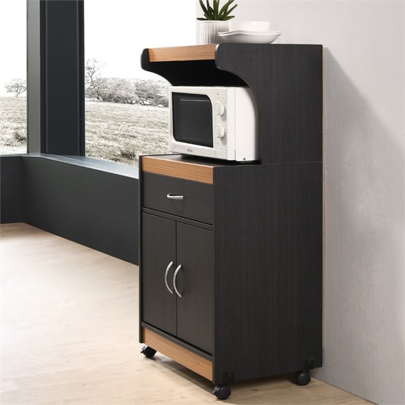 Hodedah Microwave Contemporary Wooden Kitchen Cart in BlackBeige
