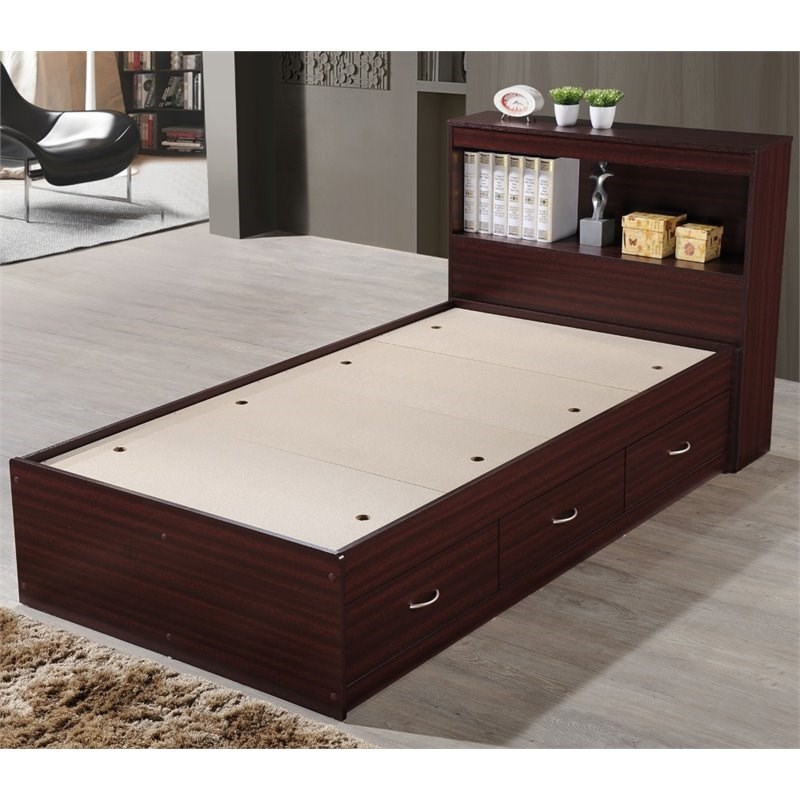 Hodedah Twin Size Captain Bed with 3 Drawers and Headboard in Mahogany