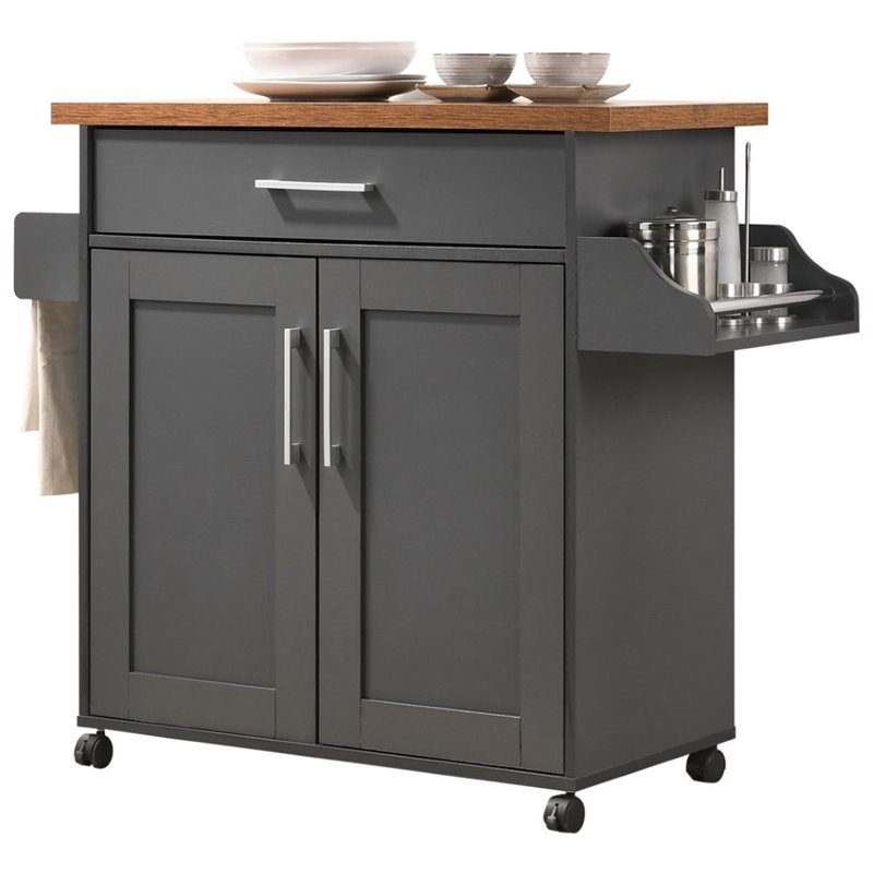 Hodedah Kitchen Island with Spice Rack plus Towel Holder in GrayOak