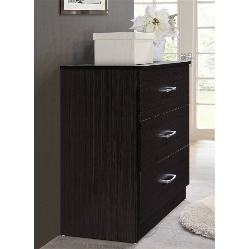 Hodedah Three Drawer Contemporary Wooden Chest in Chocolate Finish