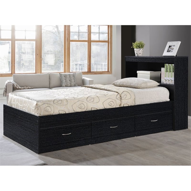 Hodedah Twin Size Captain Bed With 3, Black Twin Size Bed Frame With Drawers
