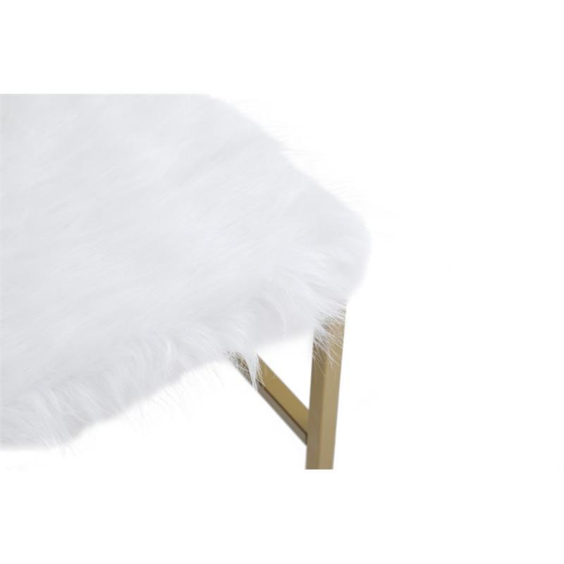 hodedah white faux fur vanity stool - hi4840