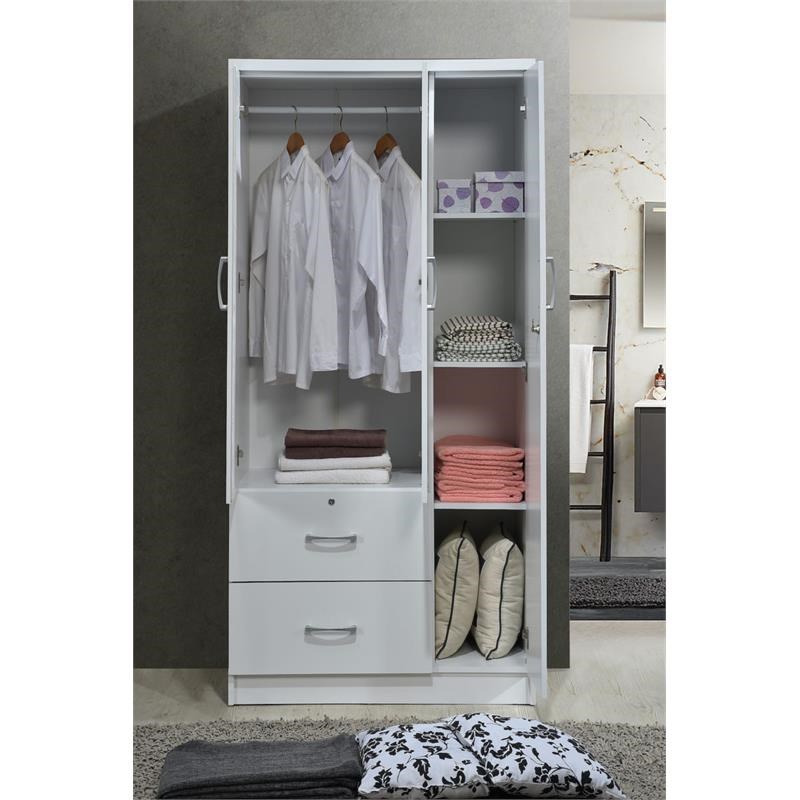Hodedah 3 Door Armoire with 2 Drawers 3 Shelves in White Wood